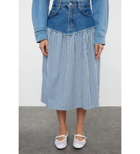 Moda Denim Düz Desen Günlük Midi Boy Renk Bloklu Yüksek Bel Midi Denim Etek
