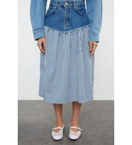 Moda Denim Düz Desen Günlük Midi Boy Renk Bloklu Yüksek Bel Midi Denim Etek