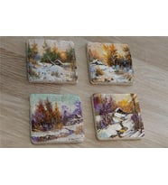 Karlı Orman Manzaraları Doğal Taş Bardak Altlığı 4'lü set - Natural Stone Coasters
