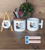 Kadın Öğretmene Hediye Hediye Sepeti Kalemlik, Kupa Bardak Sihirli, Ahşap Anahtarlık Hediye (Model 3)