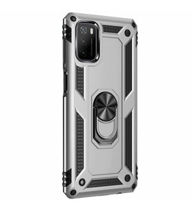 Xiaomi Poco M3 Kılıf Yüzüklü Standlı Korumalı Tank Kapak (Gri)