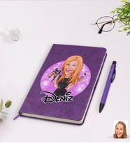 BK Gift Kişiye Özel Kadın Güzellik Uzmanı Karikatürlü Mor Termo Deri Defter Kalem Seti Model 1
