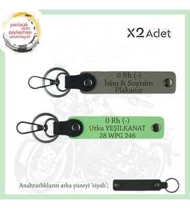 Motorcu Dostlara İsim Plaka ve 0 - Kan Grubu Yazılı Özel Hediye x2 Anahtarlık, Kül Gri-F Yeşil-Syh (Çok Renkli)