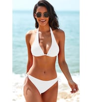 Kadın Beyaz Belden, Boyundan Bağlamalı ve Ayarlanabilir Külotlu Üçgen Bikini Mayo Takımı
