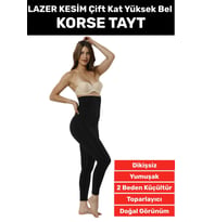 Doğal Görünüm Çift Kat Bel 2 Beden İncelten Vücut Toparlayıcı LAZER KESİM Yüksek Bel Korse Tayt (Siyah)