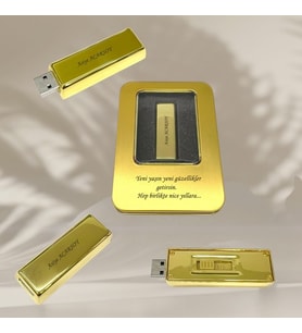 KİŞİYE ÖZEL İSİM BASKILI METAL GÖVDELİ METAL KUTULU GOLD ALTIN KÜLÇE 64GB USB BELLEK