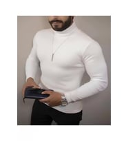 Erkek Kaşkorse Boğazlı Full Likralı Fitilli Body Kazak - Beyaz