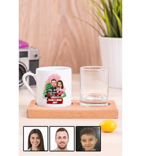 Üç Kişilik Aileye Özel Karikatürlü Ahşap Sunumlu Türk Kahvesi Fincanı