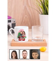 Üç Kişilik Aileye Özel Karikatürlü Ahşap Sunumlu Türk Kahvesi Fincanı
