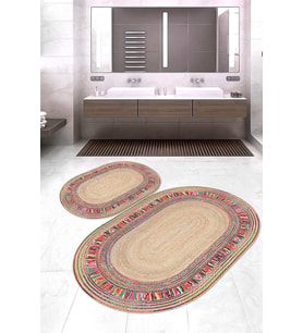 Dijital Baskılı Kaymaz Taban Yıkanabilir Oval 2'li Klozet Takımı Banyo Paspası NOKZ-SD-322 (Krem)