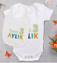 BK Kids Kişiye Özel Aylık Tasarımlı Bebek Body Zıbın ve Mama Önlüğü Hediye Seti - Model 1