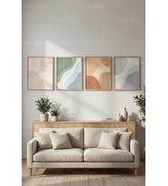 Modern Soyut Pastel Formlar 4’lü Ahşap Çerçeveli Tablo Seti