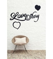 Love Story Aşk Hikayesi Kalpli Ahşap Duvar Yazısı Dekoru (Siyah)