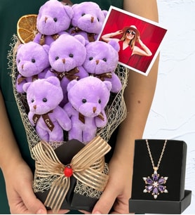 Kişiye Özel Fotoğraflı Büyük Boy 7'li Peluş Ayıcık Buketi ve Gerçek Ametist Taşlı Lotus Kolye (Model 3)