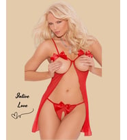 Intive Kırmızı Tülden Özel Bölgeleri Açık Mini Fantasy Gecelik/String Takım