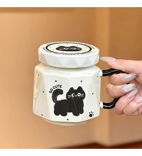3D Kedi Figürlü Kapaklı Kupa Bardak (Krem)