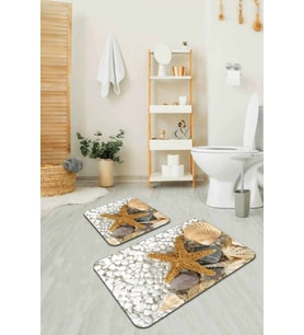 Bej Deniz Kabuklu Banyo Halısı Klozet 2'li Paspas Seti BS209