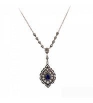 Aşina Gümüş - Badem Elmas Montür Safir Mavi Swarovski Taşlı Kolye
