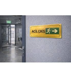 Acil Çıkış Gold Metal Yönlendirme Levhası 10x25 cm – İş Güvenliği
