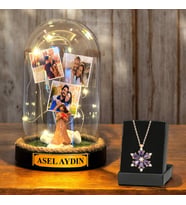Kişiye Özel İsimli ve 3 Fotoğraflı Şans Melekli Fanus & Lotus Kolye  Led Işıklı Tasarım