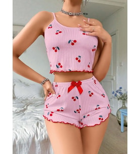 Kadın Pembe Kiraz Desenli Askılı Şortlu Pijama Takım 5044