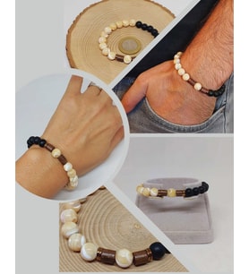 Sedef Karamel Renk & Oniks Taşı 8mm Unisex Tasarım Bileklik Hawaii Model (14365)