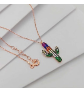 Gümüş Renkli Zirkon Taşlı Kaktüs Model Kolye 925 Ayar (Karışık)