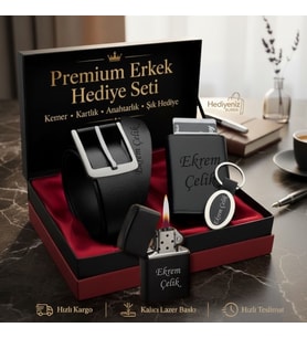 İsme Özel Premium Tasarım Erkek Hediye Seti - Mekanizmalı Otomatik Kartlık Cüzdan Kemer Çakmak Anahtarlık - Babaya Arkadaşa Eşe Sevgiliye Hediye