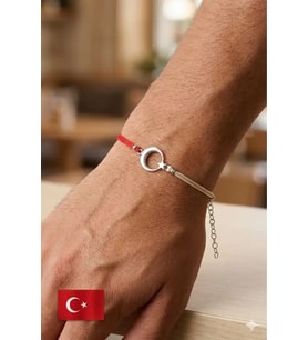 925 Ayar Gümüş Rodyum Kaplama Beyaz Kırmızı Türkiye ,Taraftar Taşsız Ayyıldız Erkek Bileklik Yıldız