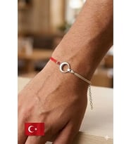 925 Ayar Gümüş Rodyum Kaplama Beyaz Kırmızı Türkiye ,Taraftar Taşsız Ayyıldız Erkek Bileklik Yıldız