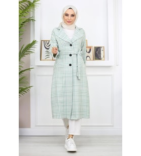 Ekoseli Şanel Kaşe Kaban Mint 19137