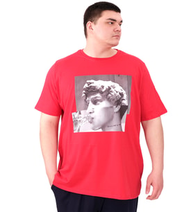 Mode XL Büyük Beden Erkek T-Shirt Bisiklet Yaka STATUE U25027 Kırmızı