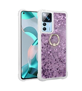 Coverzone Xiaomi Mi 12T ile Birebir Uyumlu K?l?f Sulu Simli Likit Silikon Milen Kapak Mi 12T ile Birebir Uyumlu Y�z�k Tutuculu Silikon Mor Renk
