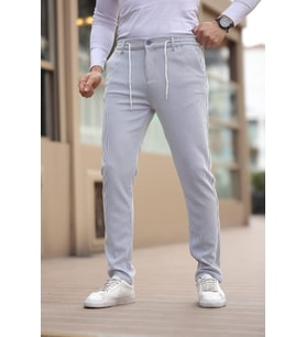 İnce Çizgili Kumaş Beyaz Jogger Pantolon