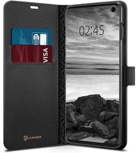 Spigen Galaxy S10 ile Uyumlu Kılıf La Manon Wallet Saffiano Black (Siyah)