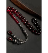 Gümüş Kazaz Püsküllü 8x12 mm Kırmızı Siyah Renk Süzmesi Ateş Kehribar Tesbih (Çok Renkli)