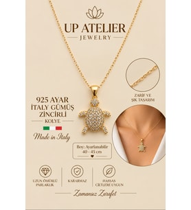 925 Ayar Gümüş İthal Zincirli Zirkon Taşlı Kaplumbağa Kolye 40-45cm Ayarlanabilir
