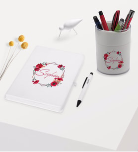 BK Gift Kişiye Özel Çiçek Tasarımlı Beyaz Defter Kalem ve Kalemlik Hediye Seti - Model 27