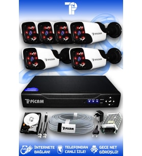 PICAM 6 Kameralı Panda 6 Dış Kamera Set 2 TB HDD Full HD Gece Görüşlü Güvenlik Kamerası Sistemi