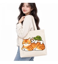 Anne Kedi, Yavru Kedi ve Kaplumbağa Baskılı Kanvas Çanta 35x40 cm – 260 Gr
