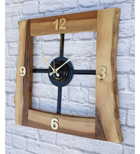 Markakanvas Doğal Ceviz Masif Ahşap,Metal Kare Duvar Saati 50x50cm