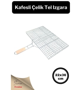 Ahşap Ağaç Saplı Kafesli Çelik Tel Izgara Mangal Barbekü Yemek Pişirme Teli 22 X 36 Cm