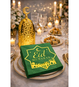 Eid Mubarak 20Li Yeşil Altın Varaklı Desenli Peçete