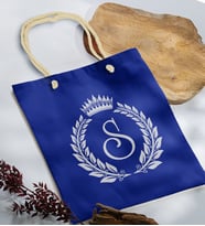 BK Gift Kişiye Özel Harfli Saks Mavi Halat Saplı Kumaş Bez Çanta-7, Baskılı Omuz Çantası, Alışveriş Çantası
