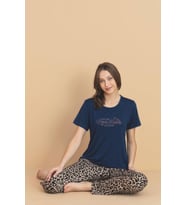 Pijamerry Kadın Bisiklet Yaka MİLAN Kumaş Likralı Kısa Kollu Pijama Takımı 5944 - 1 Adet (Lacivert)
