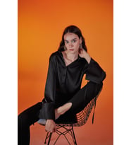 Özel Dokulu Saten Crop Silky Gömlek Siyah