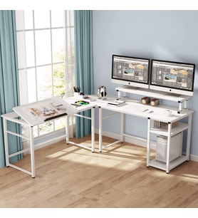 Zizuva Tasarım Beyaz L Model Monitör Raflı Çizim Ve Çalışma Masası Modeli
