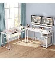 Zizuva Tasarım Beyaz L Model Monitör Raflı Çizim Ve Çalışma Masası Modeli