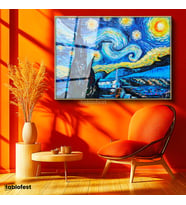 Altın Renk Metal Çerçeveli Tamperli Cam Tablo Vincent van Gogh Yıldızlı Gece Manzarası Ressam Tablosu Duvar Dekoru