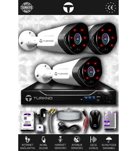 TURKNO 3 Kameralı Galia 3 Dış Kamera Set 500 GB HDD Full HD Gece Görüşlü Güvenlik Kamerası Sistemi